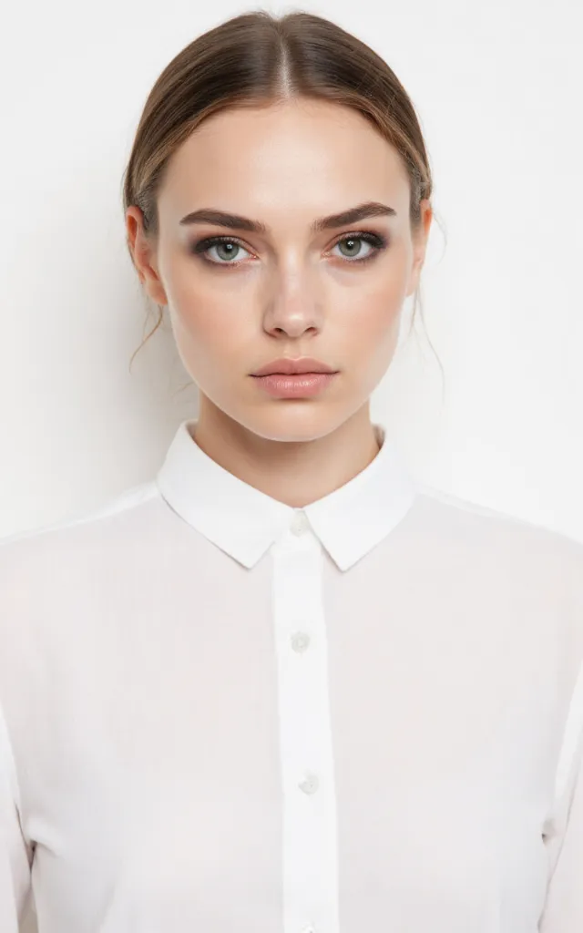 A French female model with a Cat   eye makeup style, wearing a shirt, against a white background, in a front   facing bust portrait